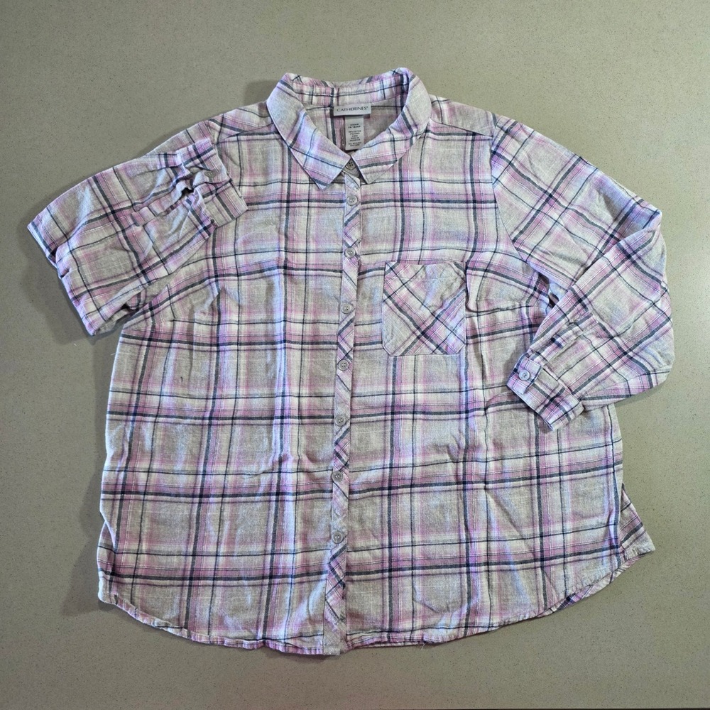 Catherines Pink Plaid Roll Tab Button Down Shirt Metallic Shimmer 14/16WP
